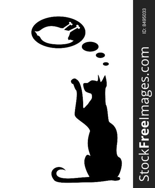 The silhouette of a black cat which dreams of a hen
