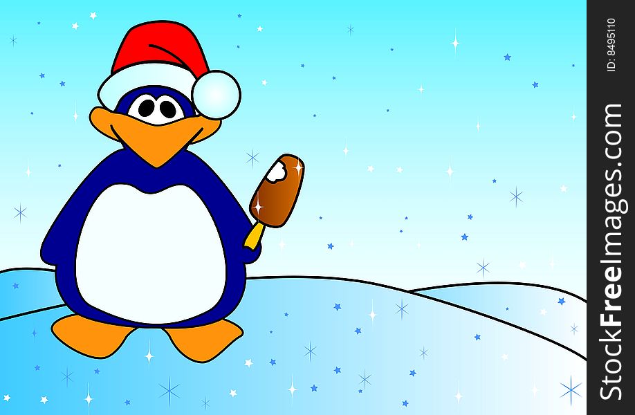 Christmas penguin with ice-cream on a blue background