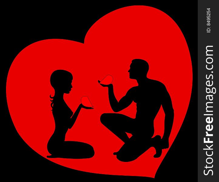 Silhouettes of lovers which give the hearts each other