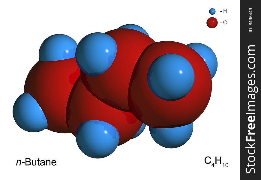 Isolated 3D model of a molecule of butane on a white background