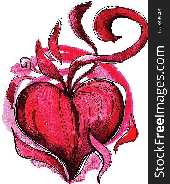 Water-colour abstract red hearts on a white background for the post cards. Water-colour abstract red hearts on a white background for the post cards