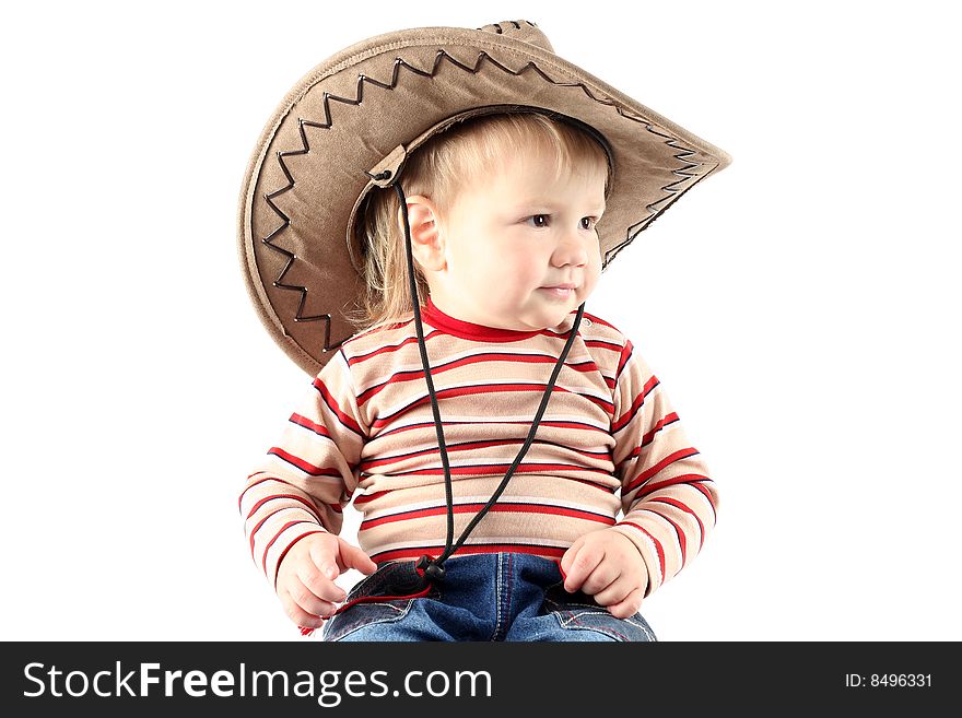 Little boy in cowboy hat isolated on white background