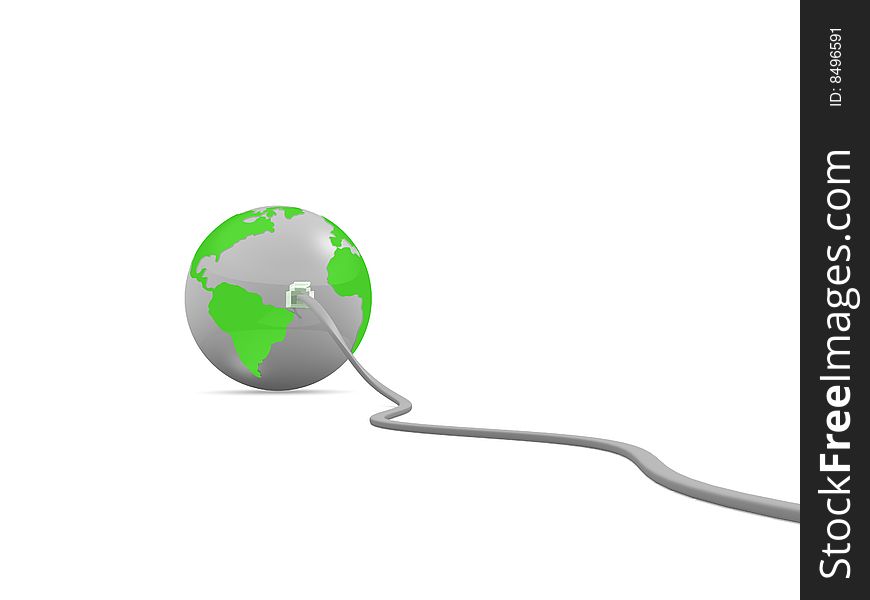 Green globe with internet cable on white background. Green globe with internet cable on white background