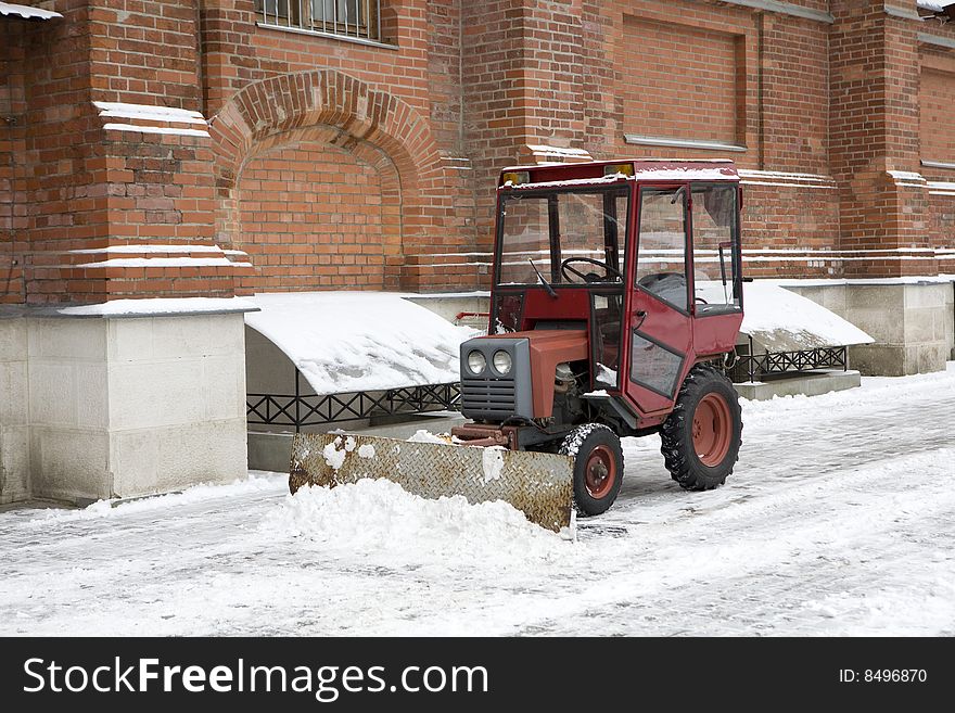 Snowplow is ready to prepare to clean the road. Moscow. Russia. Winter time