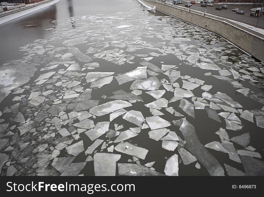 Spring. Drifting Ice on river Moscow. Moscow. Russia