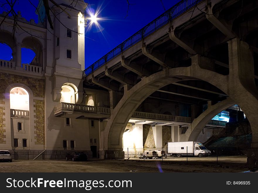 Illuminated bridge arches (Poniatowski Bridge in Warsaw) by night. Illuminated bridge arches (Poniatowski Bridge in Warsaw) by night