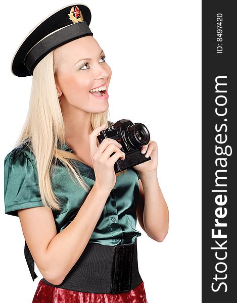 Cute blond wearing black soviet sailor cap and holding SLR camera. Cute blond wearing black soviet sailor cap and holding SLR camera