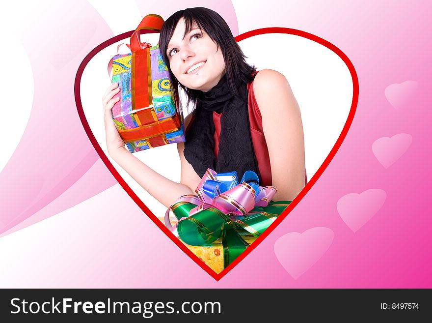 The young beautiful girl with a gift box on a color background. The young beautiful girl with a gift box on a color background