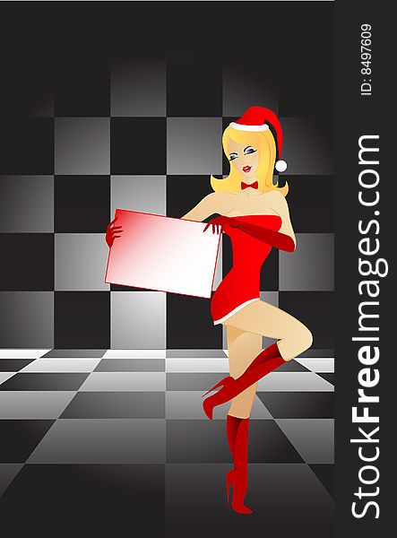 blond mrs. Santa holding white billboard