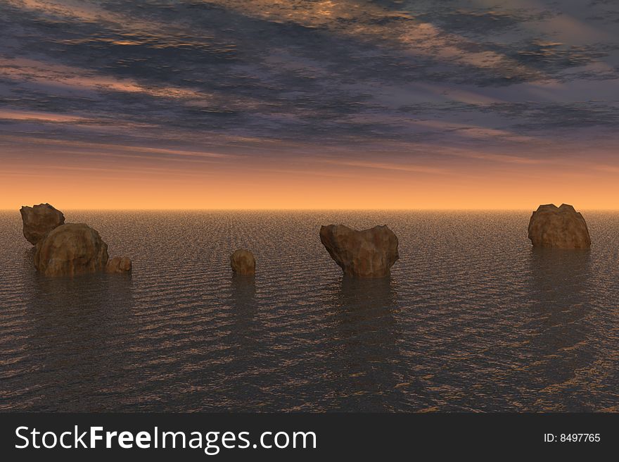 Illustration of a rocky area and sunset at sea. Illustration of a rocky area and sunset at sea.