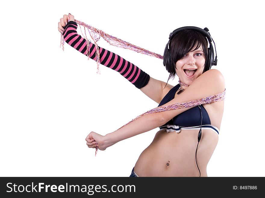 The young beautiful girl during active leisure on a white background