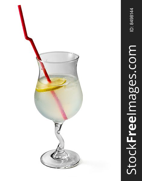 Cocktail decorated with lemon and tubule over white background