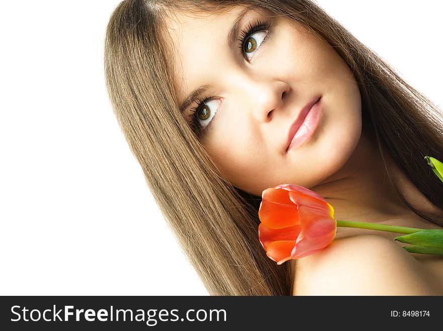 Portrait of a beautiful young dreamy woman with a tulip against white background. Portrait of a beautiful young dreamy woman with a tulip against white background