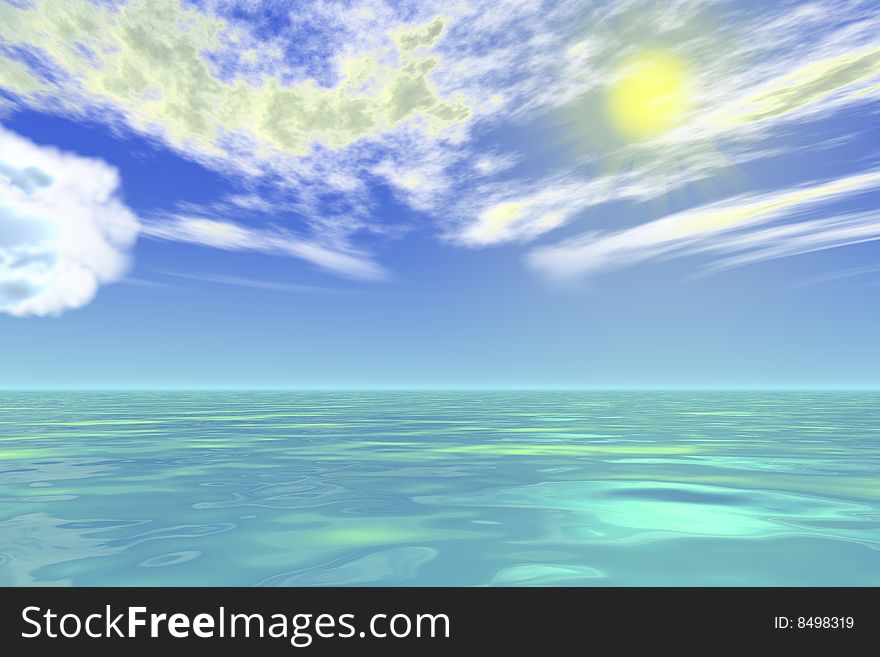 Beautiful view of tranquil ocean with blue sky, white clouds and sun. Beautiful view of tranquil ocean with blue sky, white clouds and sun