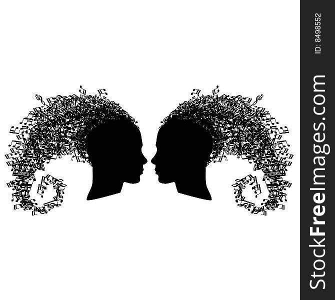 Set of two musical heads looking at each other isolated on white
