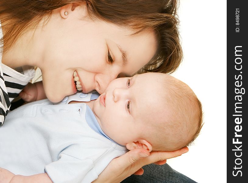 Mother and baby over white