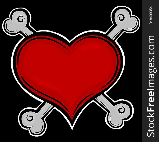 A sketchy red cartoon heart with crossbones, isolated on a black background. A sketchy red cartoon heart with crossbones, isolated on a black background.
