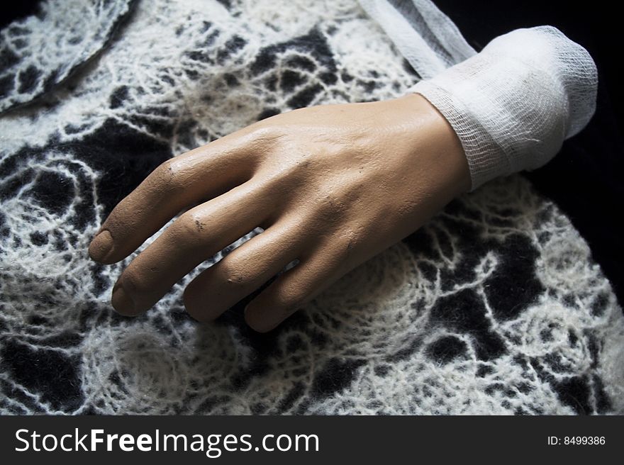 Black and white fabric with human hand. Black and white fabric with human hand