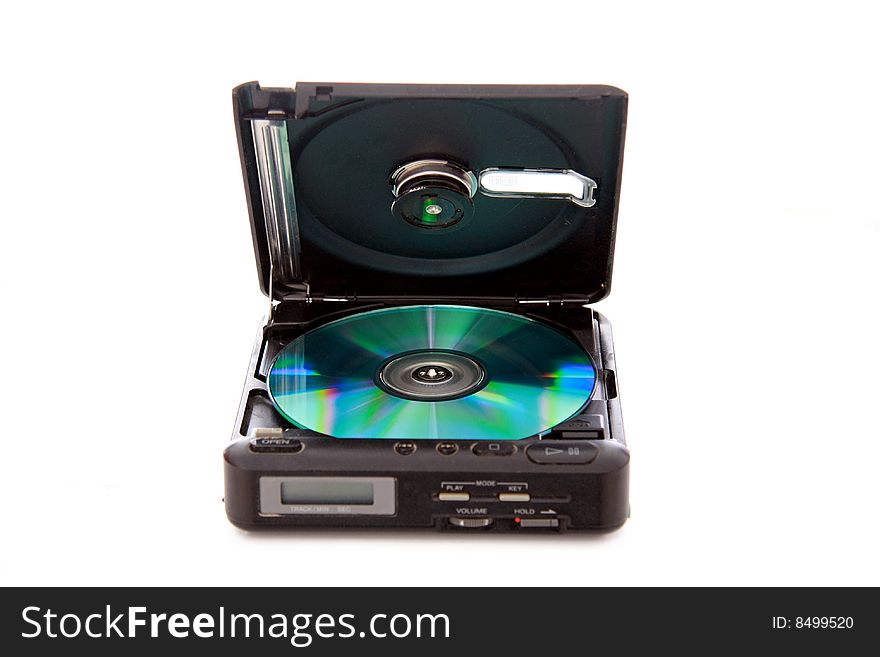 Cd player open with disc showing on white
