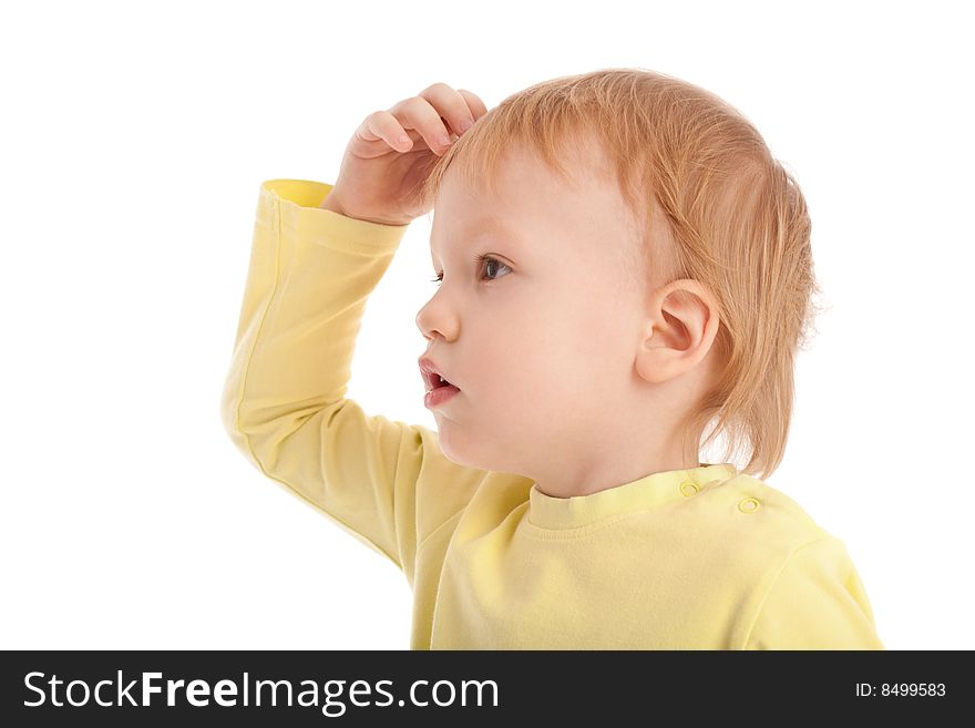 Little boy scratches his head in puzzlement or confusion, as if pondering a deep question. Isolated on white. Little boy scratches his head in puzzlement or confusion, as if pondering a deep question. Isolated on white