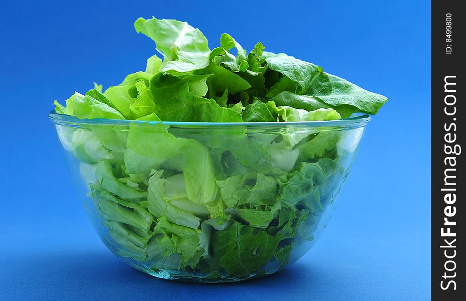 Green salad in a bowl on blue background