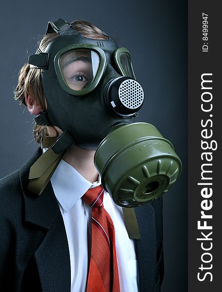 Businessman with gas mask on face. Businessman with gas mask on face
