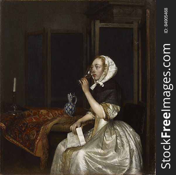 Gerard ter Borch &#x28;1617−1681&#x29;: Lady seated holding a Wineglass / Viiniä juova nainen kirje kädessään / Vindrickande