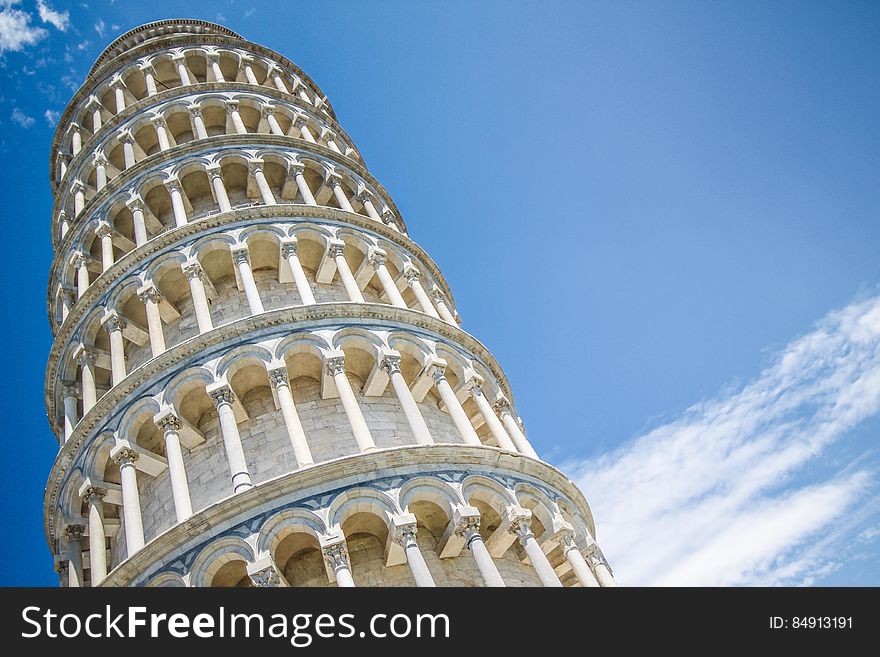 The Leaning Tower of Pisa from the low angle.