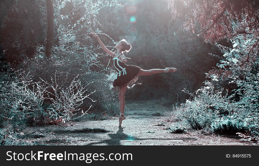 Young ballet dancer with hair in a bun performing in a brightly lit frost covered forest glade. Young ballet dancer with hair in a bun performing in a brightly lit frost covered forest glade.