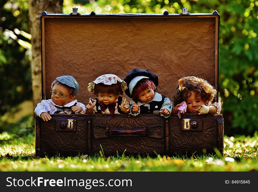 4 Porcelain Dolls in Brown Rectangular Box