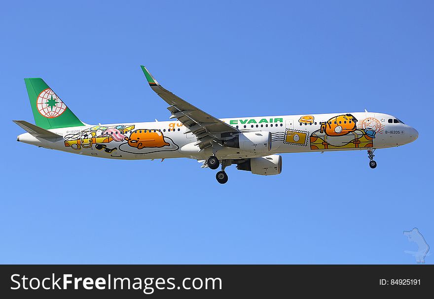 Eva Air airplane illustrated with cartoon characters in flight against blue skies.