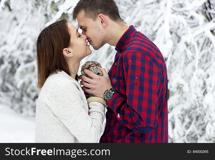 Half body portrait of young couple kissing with snow covered winter trees in background. Half body portrait of young couple kissing with snow covered winter trees in background.