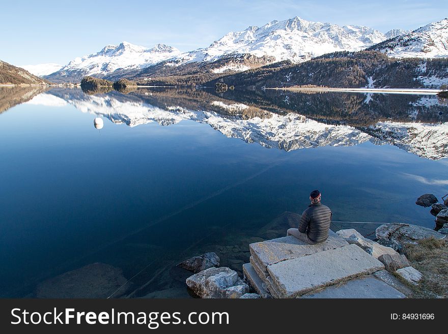 Snowy Mountains And Lake Reflection