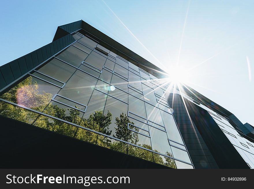 Modern glass building with a mosaic of shaped windows.