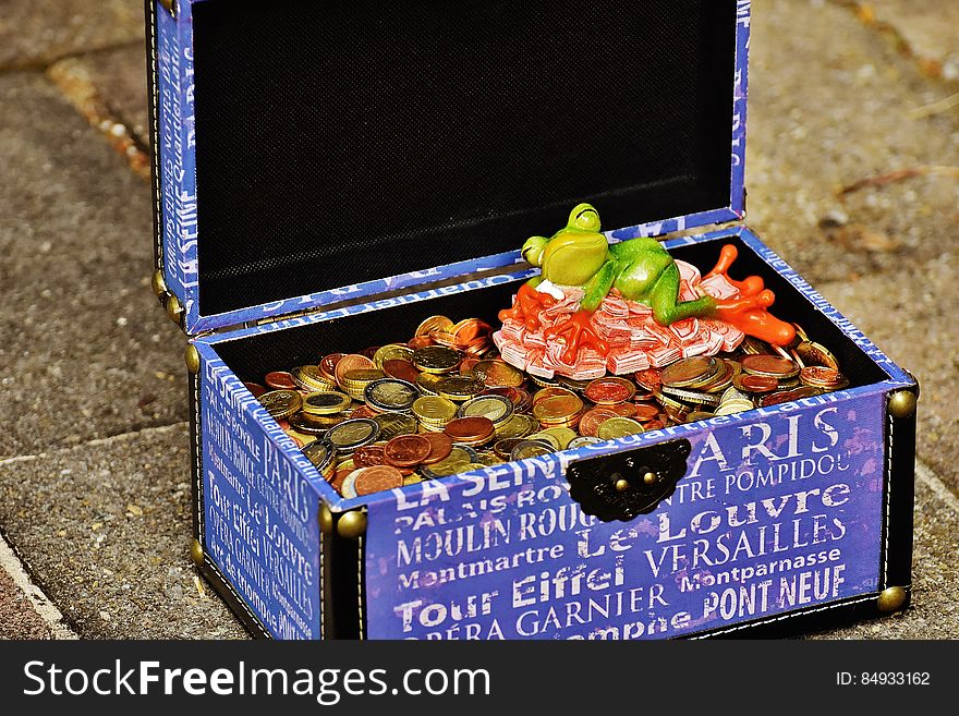 A blue decorative chest filled with coins and a frog figurine.