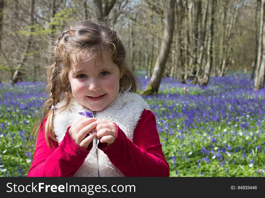 Girl in Red and Beige Jacket Holding Purple Petaled Flower
