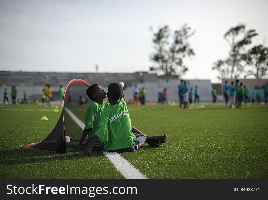 Two children take a break during practice at the FIFA Football Festival in Mogadishu, Somalia, on August 19. FIFA, having had no presence in Somalia for the last 26 years, today held its first training session in Mogadishu since the country fell into civil war. Illegal under al Shabab, football has made a huge comeback in Somalia, with Mogadishu&#x27;s streets literally filling up with children each afternoon as they come out to play the game. AU UN IST PHOTO / TOBIN JONES. Two children take a break during practice at the FIFA Football Festival in Mogadishu, Somalia, on August 19. FIFA, having had no presence in Somalia for the last 26 years, today held its first training session in Mogadishu since the country fell into civil war. Illegal under al Shabab, football has made a huge comeback in Somalia, with Mogadishu&#x27;s streets literally filling up with children each afternoon as they come out to play the game. AU UN IST PHOTO / TOBIN JONES.