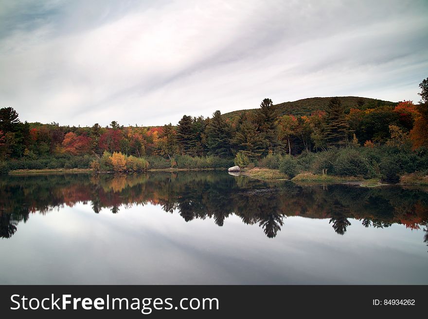 Scenic view of autumn trees reflecting on countryside lake. Scenic view of autumn trees reflecting on countryside lake.