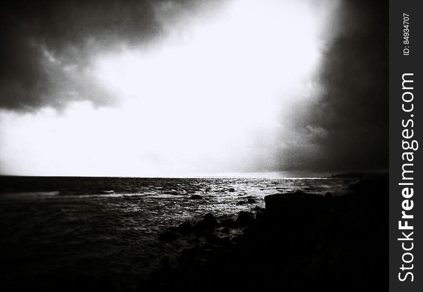 A seashore in black and white.