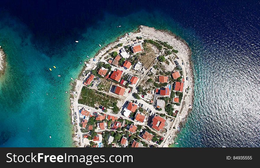 Aerial view of houses on small island in Croatia.