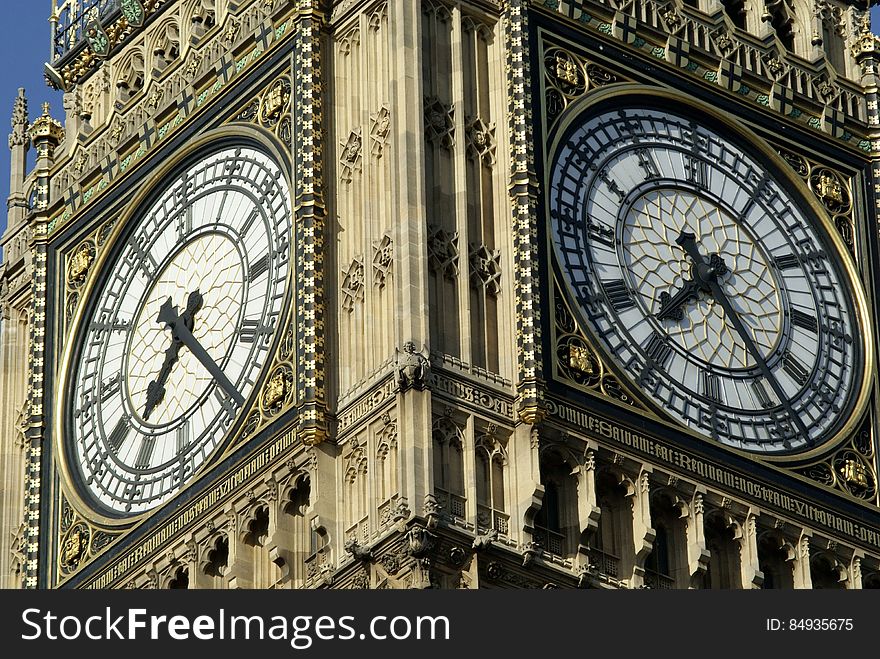 A close up of Big Ben, the clock on the Elizabeth tower or the clocktower of the Palace of Westminster in London.