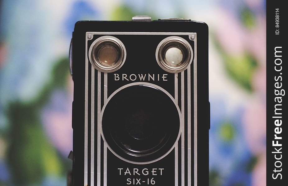 A close up of a Brownie Target Six-16 vintage camera. A close up of a Brownie Target Six-16 vintage camera.