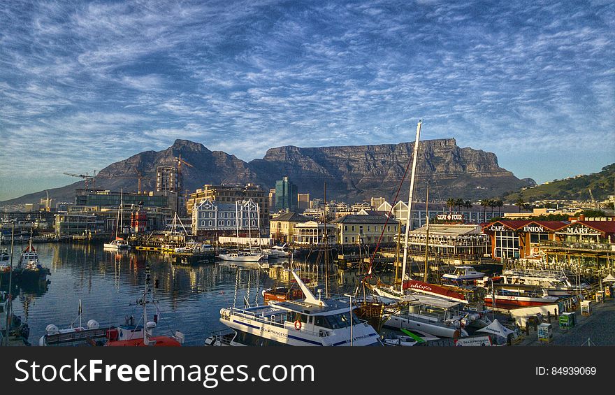 A view across the harbor of Cape Town and the Table Mountain in South Africa. A view across the harbor of Cape Town and the Table Mountain in South Africa.