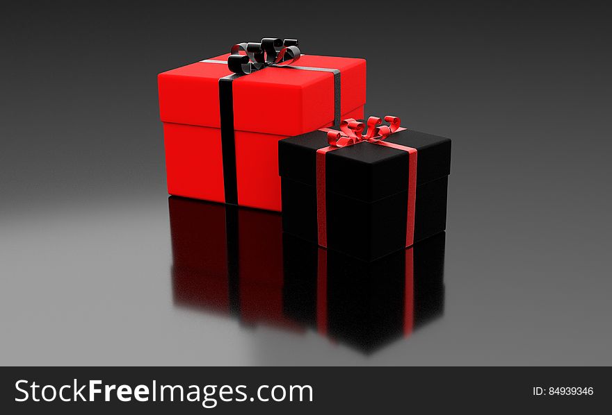 An illustration of black and red wrapped gift boxes.