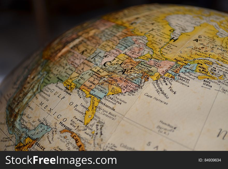 Closeup of America on a globe.