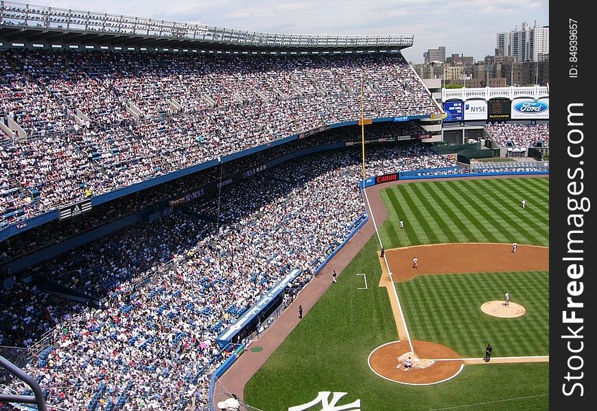 A view inside the Yankee Stadium in New York City, USA, with an ongoing baseball game.