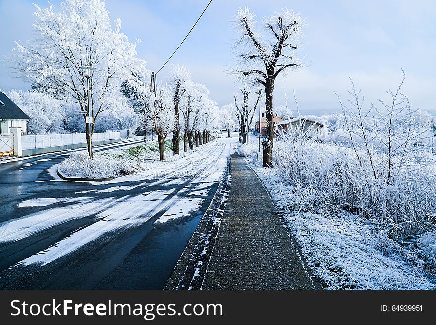 A road passing through a snowy landscape. A road passing through a snowy landscape.