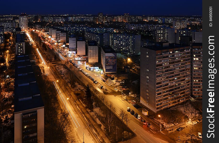 Koroljov&#x27;s boulevard in springtime. The view from the &#x22;Status&#x22; tower. Koroljov&#x27;s boulevard in springtime. The view from the &#x22;Status&#x22; tower.