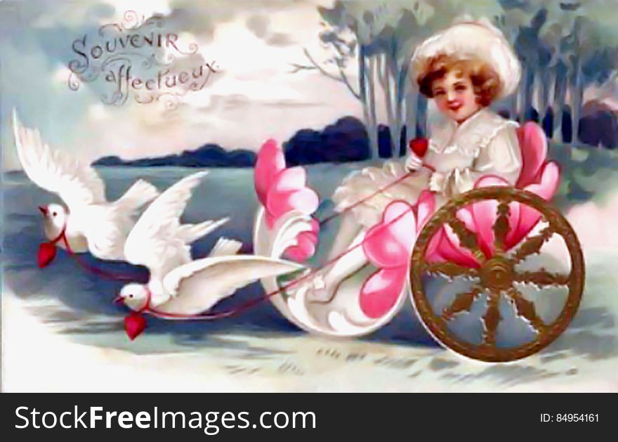 Vintage Valentine Doves Pulling Little Girl