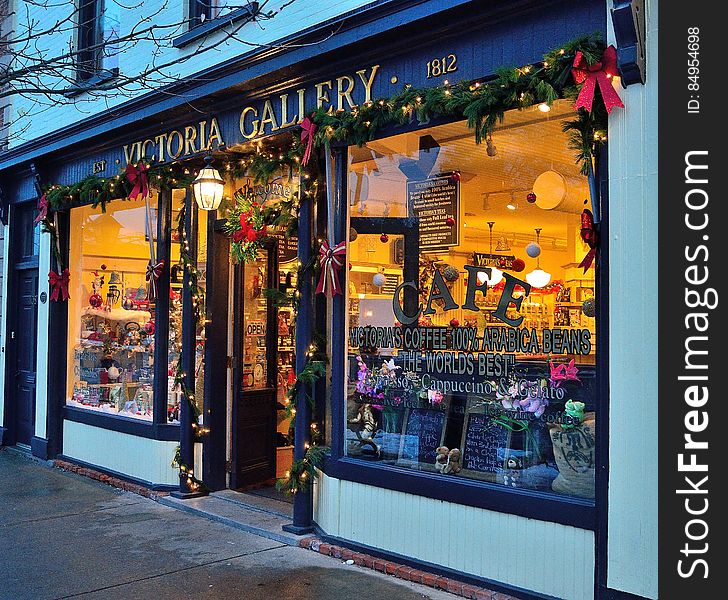 Decorated cafe bar entrance and window at Christmas time.